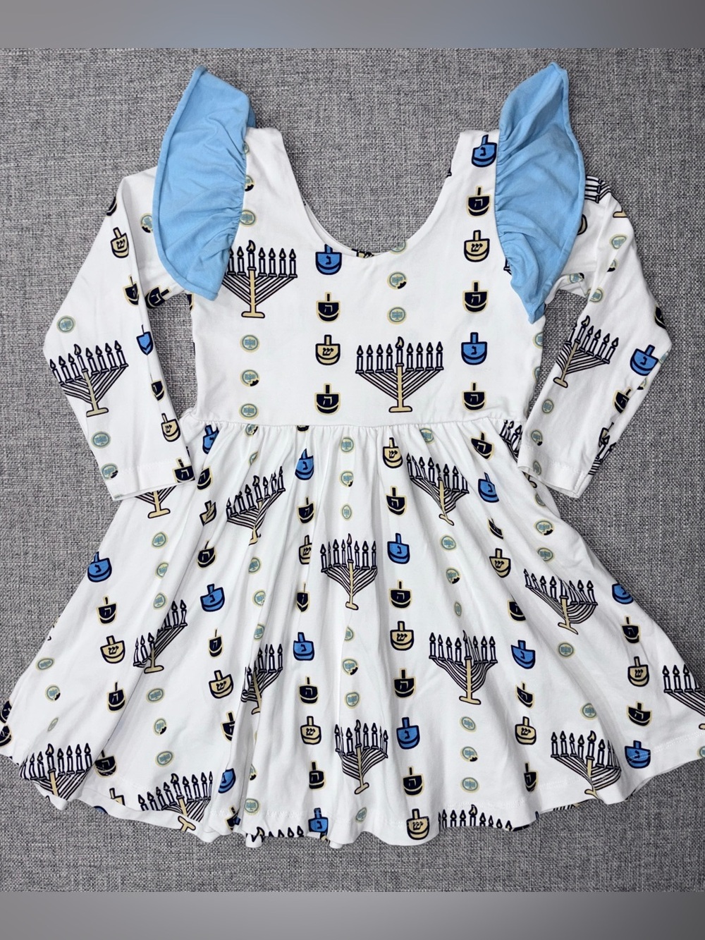 Girls White Holiday Menorah & Dreidel Dress with Blue Ruffle Sleeves